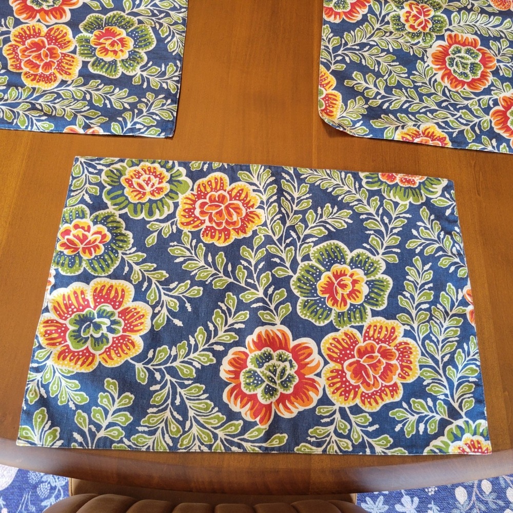 Pottery Barn Floral Botanical Linen Cotton Placemats Set of 10 Blue Red 20x14